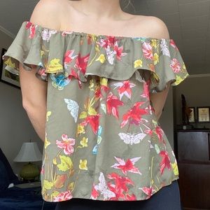 Moth & Floral printed off the shoulder top